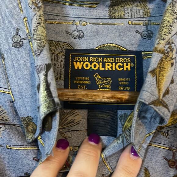 VTG Woolrich Blue Fish and Fishing Gear Button Up Shirt Men’s Size Large - Picture 4 of 4